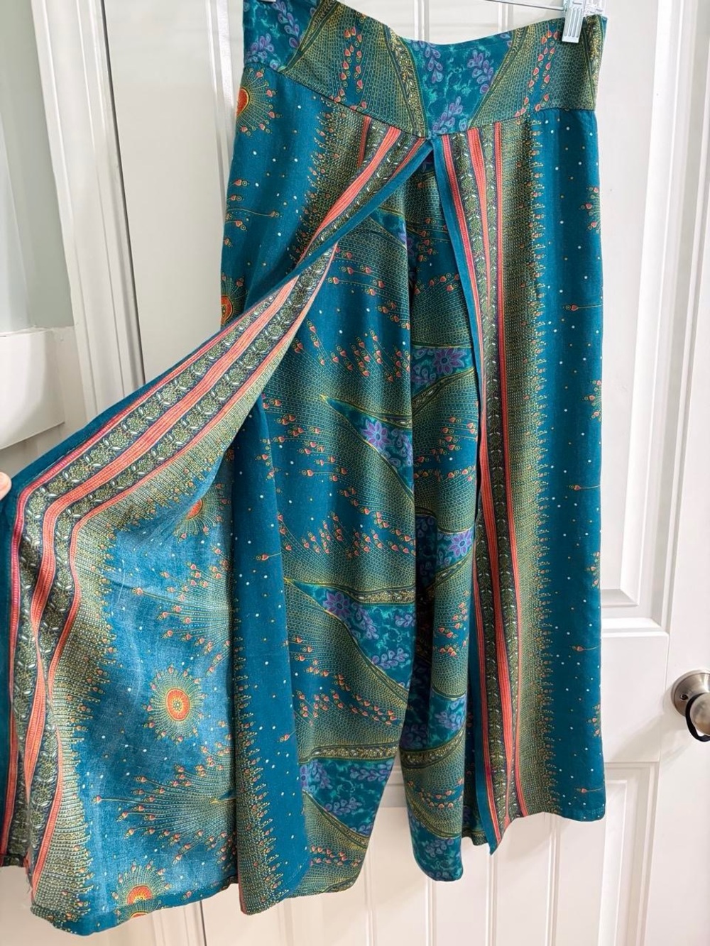 Three Cranes Gallery Women's Teal Printed Split-Leg Palazzo Pants S/M Boho Artsy - Picture 5 of 8